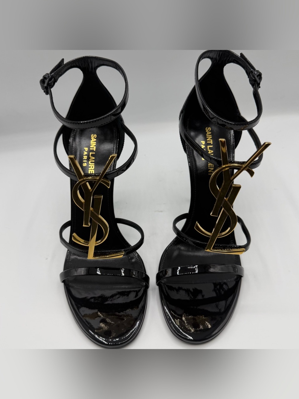 NIB Saint Laurent Cassandra YSL Medallion Black Leather Stiletto Sandal Heels
